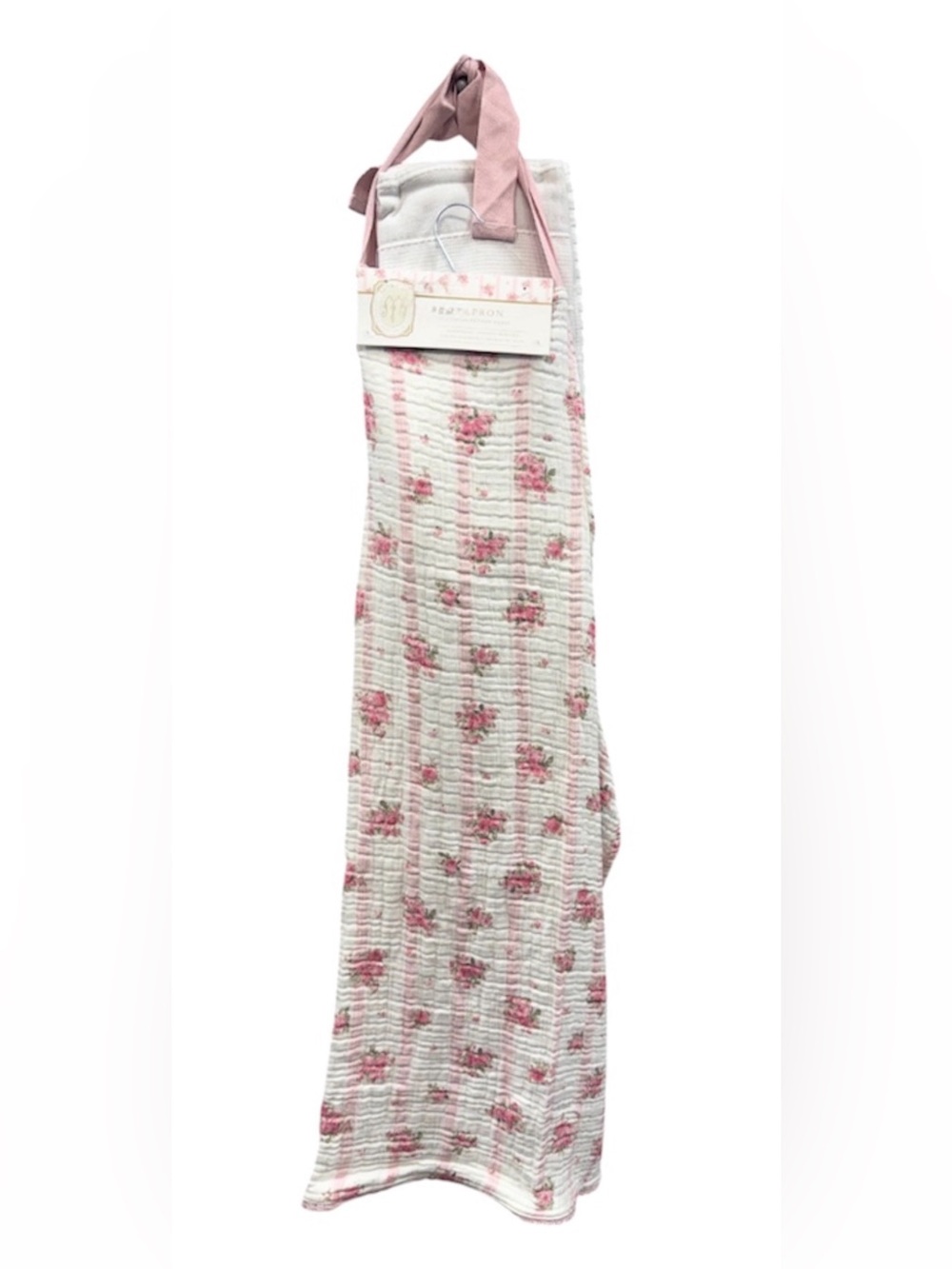 Charming Floral Stripe Pink Gauze Apron with Tie Accent ~ NWT